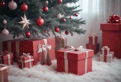 The primary subject of the image is a red box with a bow on it, placed in front of a Christmas tree. The setting is a festive environment, likely during the holiday season. The visual style appears to be a combination of photo and digital art, creating a realistic yet decorative scene. The colors and mood are predominantly red and festive, reflecting the joy and warmth associated with the Christmas season.